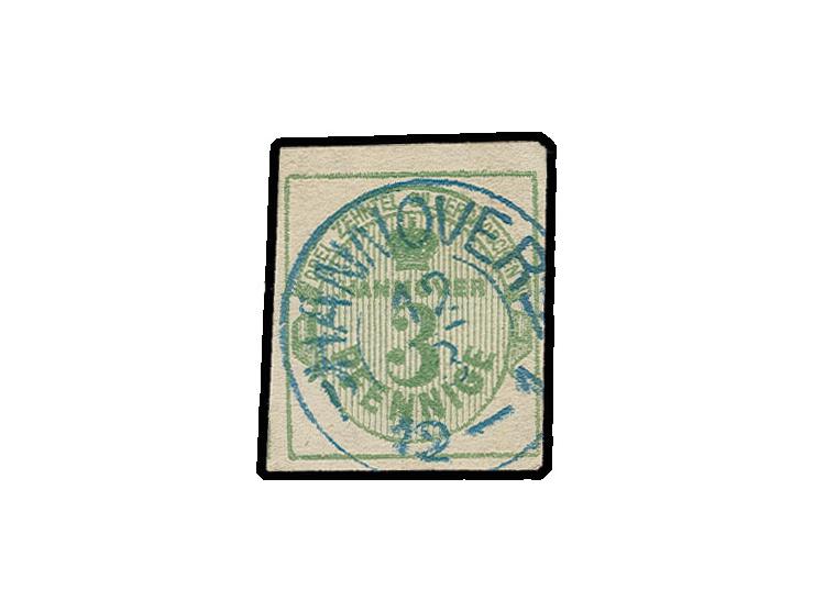 1863, 3 Pfg. grün, sehr schöne tiefe Farbe und allseits voll- bis meist breitrandig, links mit kleinem Teil der Nebenmarke, m