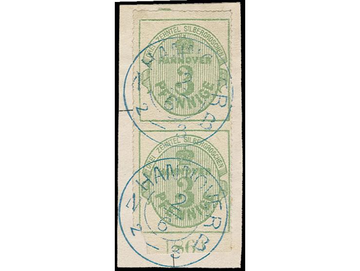 3 Pfge. grün im senkrechten Unterrandpaar mit Jahreszahl "1864" mit klarem DKr. "HANNOVER NB 2/6" auf Briefstück; der Durchst