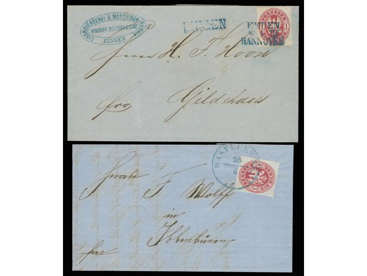 STEMPEL: "EMDEN/HANNOVER", Bahnpost-L3 auf Preußen 1 Sgr. rosa auf Briefhülle mit nebengesetztem Stations-L1 "LINGEN" nach Gi