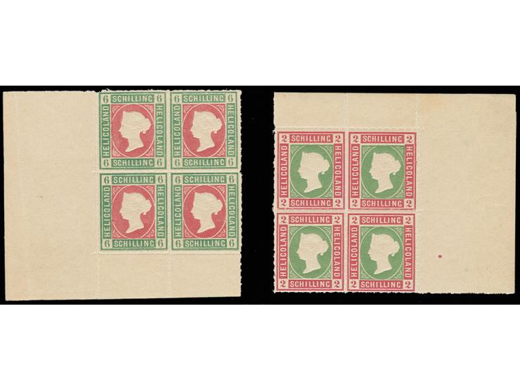 1867, 2 Sch. und 6 Sch. je im 4er-Block aus der Bogenecke, postfrisch, 2 Sch. sign. Borek