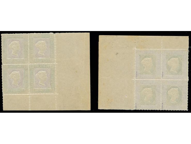 1867, 2 Sch. und 6 Sch. je im 4er-Block aus der Bogenecke, postfrisch, 2 Sch. sign. Borek
