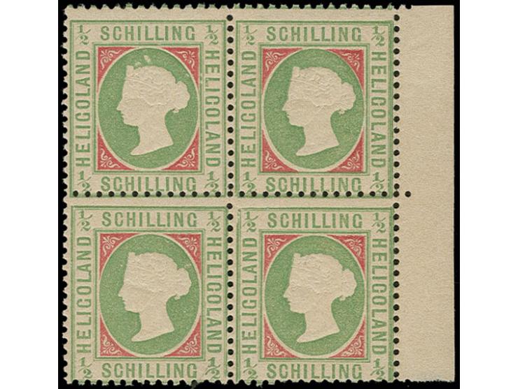 ½ Sch. hellolivgrün/karmin im 4er-Block vom rechten Bogenrand, postfrisch mit Falzspur im Rand, seltene Einheit, Kabinett, si