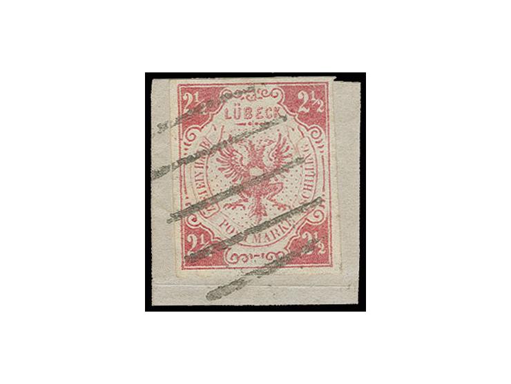 2½ Sch. magenta, farbfrisch und allseits breitrandig mit klar aufgesetztem Strichstempel auf kleinem Briefstück, Kabinett, si