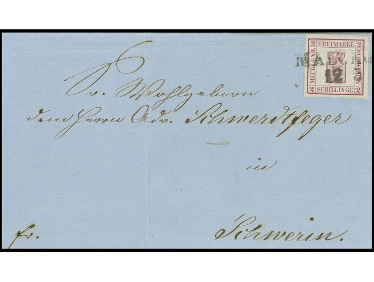 2 Sch. dunkelmagenta mit Plattenfehler "Ecke links unten abgeschrägt", farbfrisch und gut durchstochen, mit L2 "MALCHOW 12 5"