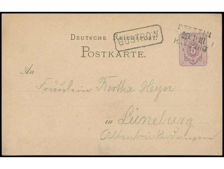 "GÜSTROW", nachverwendeter Stations-Ra. auf D.R. Ganzsachenkarte 5 Pfg., entwertet mit Bahnpost-L3 "STETTIN / 29.1.III / HAMB