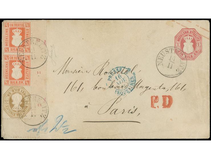 1864, Wappen im Rechteck ¼ Sgr. rotorange im äußerst farbfrischem, senkrechten Paar in Mischfrankatur mit Wappen im Oval 3 Sg