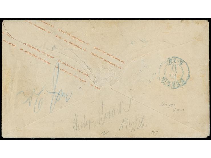 1864, Wappen im Rechteck ¼ Sgr. rotorange im äußerst farbfrischem, senkrechten Paar in Mischfrankatur mit Wappen im Oval 3 Sg