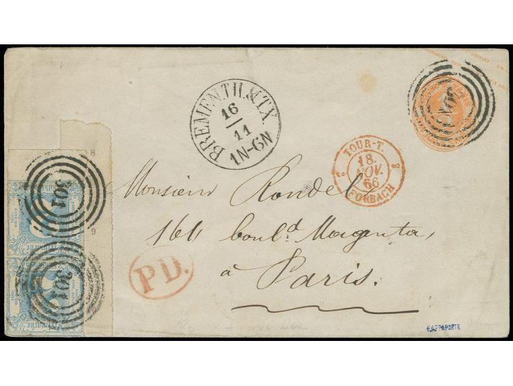 1865, farblos durchstochen: 2 Sgr. blau im senkrechten Unterrandpaar, rechts mit Bogenrändern unterlegt, mit Nummernstempeln 