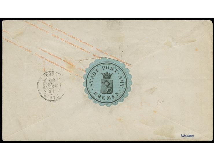 1865, farblos durchstochen: 2 Sgr. blau im senkrechten Unterrandpaar, rechts mit Bogenrändern unterlegt, mit Nummernstempeln 