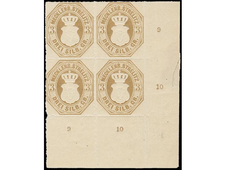1864, 2. Wappenausgabe 3 Sgr. braunocker im 4er-Block aus der rechten unteren Bogenecke, postfrisch mit Falzspur im Seitenran