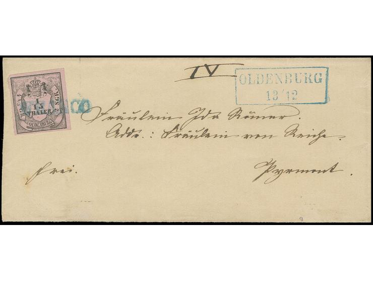 1/15 Th. auf rosa, Type I, voll- bis meist breitrandig und sehr schön farbfrisch mit blauem L1 "FRANCO" und nebengesetztem Ra