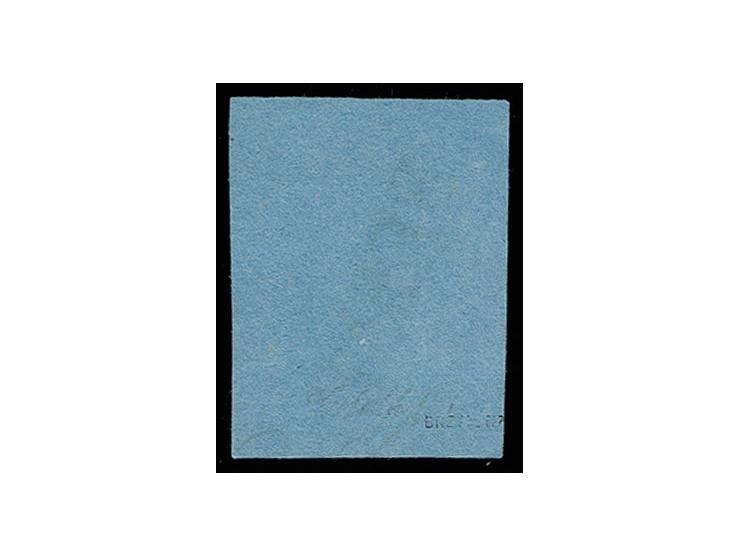 1 Gr. auf blau, allseits sehr breit- bis überrandig, oben mit 6 mm Bogenrand, sehr schön entwertet durch sauber aufgesetztem 
