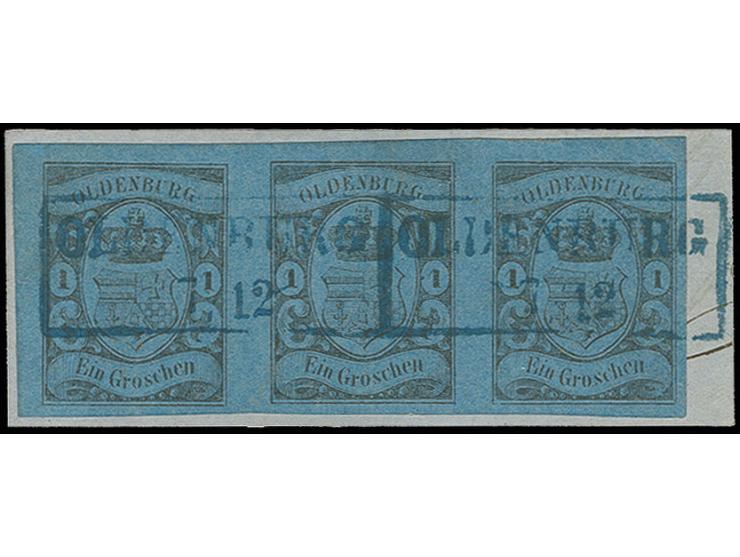 1 Gr. auf blau im waagerechten 3er-Streifen, allseits sehr schön breitrandig, mit 2mal sauber aufgesetztem Ra2 von Oldenburg 