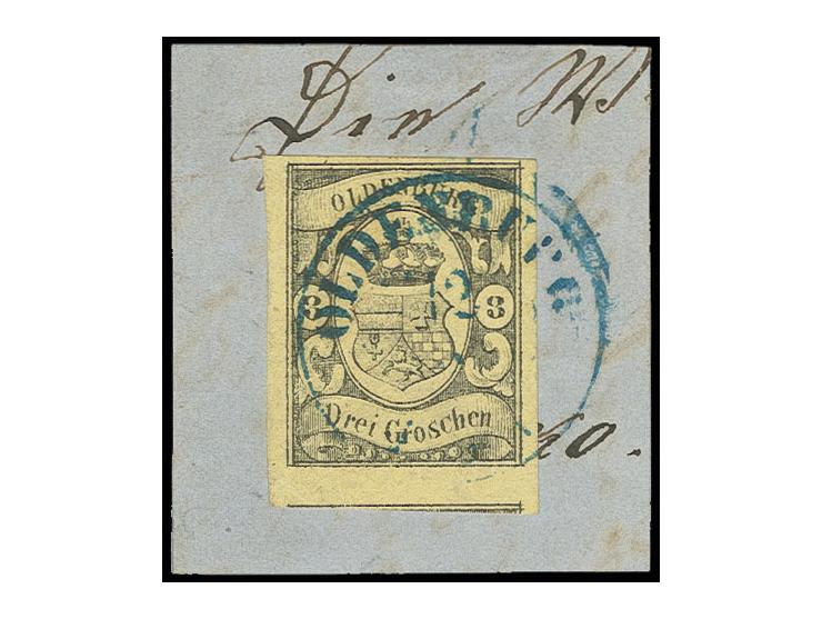 3 Gr. auf gelb, oben voll- sonst breit- bis überrandig und sehr schön farbfrisch mit blauem EKr. von Oldenburg auf Briefstück