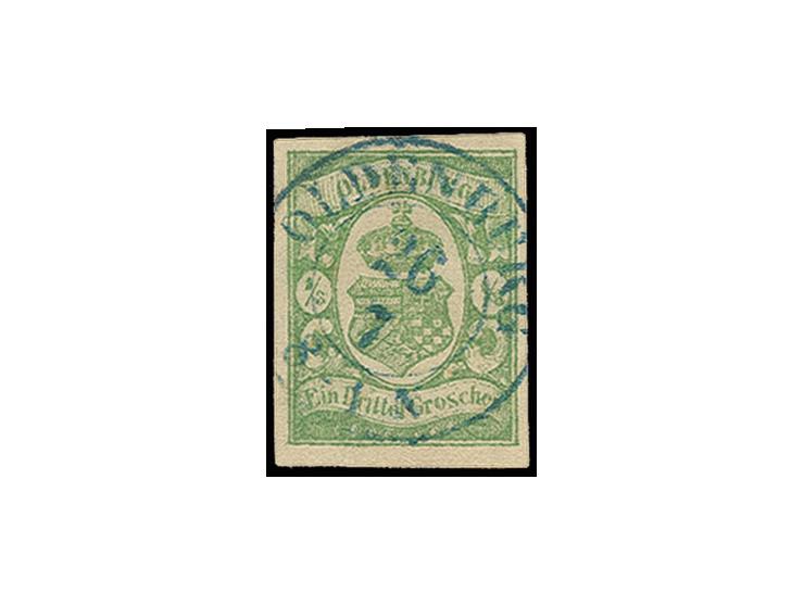 1/3 Gr. blaugrün, mit sauberem DKr. "OLDENBURG 26 7", Sperati-Fälschung, gute Erhaltung, mit Bleistiftsignatur