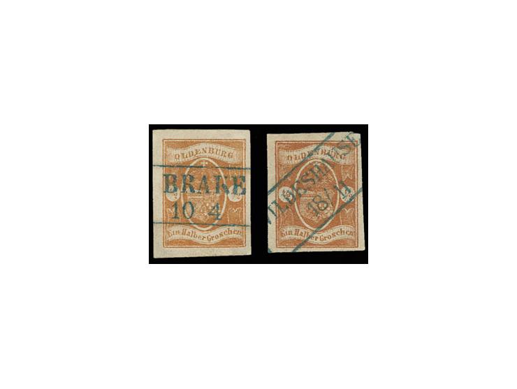 ½ Gr. braunorange, mit Ra2 "BRAKE 10 4" bzw. "WILDESHAUSEN 18/11", als Sperati-Fälschungen in Type A und B, gute Erhaltung, m
