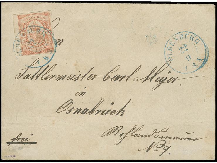 2 Gr. rot, allseits breit- bis überrandig geschnitten und sehr schön farbfrisch, mit schön kontrastierendem blauem DKr. "OLDE