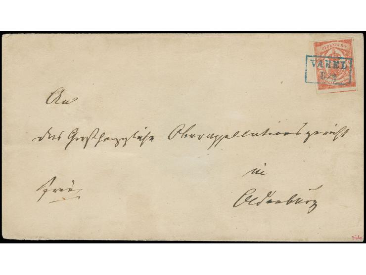 2 Gr. rotorange, allseits breit- bis überrandig, unten mit Teil der Nebenmarke, mit klarem Ra2 "VAREL 8/3" auf Briefhülle nac
