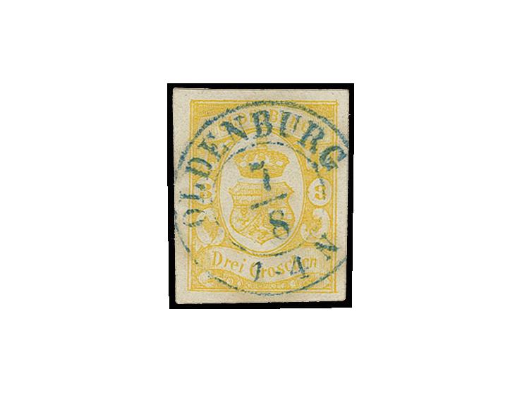3 Gr. graugelb mit sauberem DKr. "OLDENBURG 7/8", Sperati-Fälschung, gute Erhaltung, mit Bleistiftsignatur