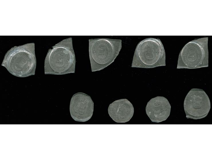 1862, Prägedruckausgabe: in Blei geprägte Wertstempel aller 5 Wertstufen sowie nur des Wappens in Marken- und Ganzsachengröße