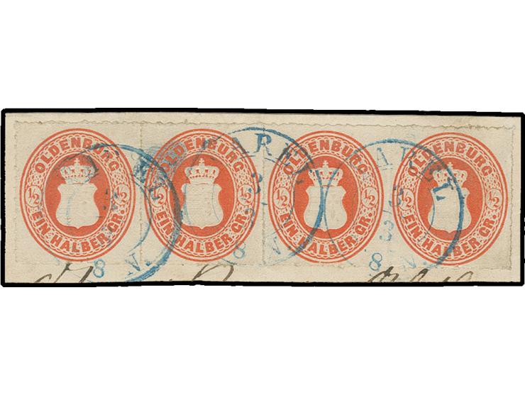 1862, ½ Gr. dunkelrotorange, farbfrischer, waagerechter Viererstreifen mit allseits vollständigem Durchstich, sauber mit 3 kl