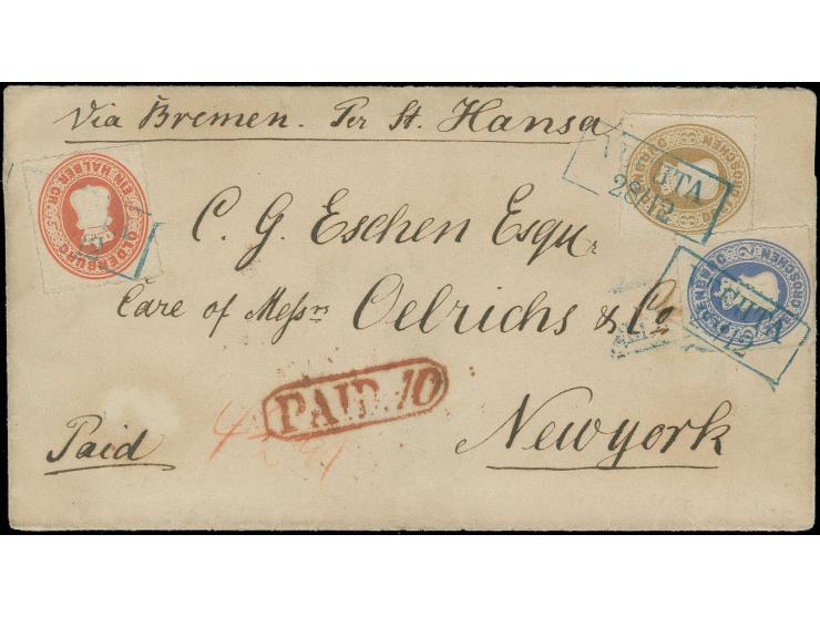 ½ Gr. rotorange, 2 Gr. blau und 3 Gr. hellbraun, farbfrisch und gut durchstochen mit blauem Ra2 "VECHTA 28/12" auf Briefhülle