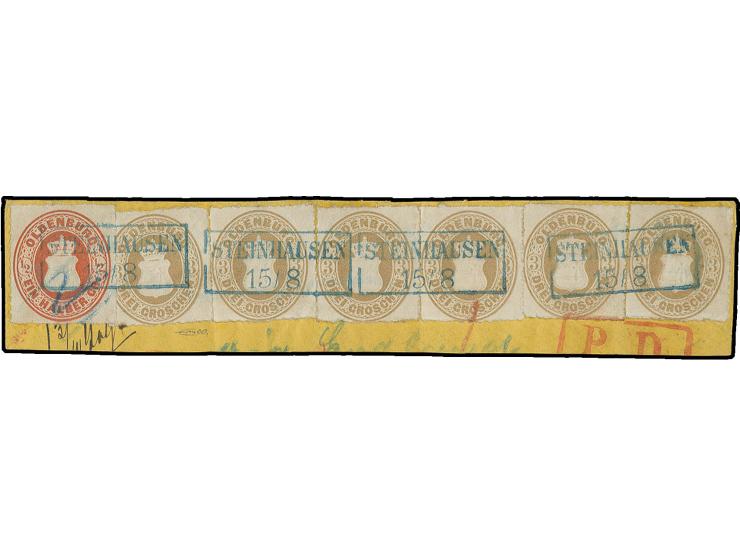 3 Gr. ockerbraun, 6 Einzelwerte zusammen mit ½ Gr. rotorange, paarweise entwertet durch klar aufgesetzten blauen Ra2 "STEINHA