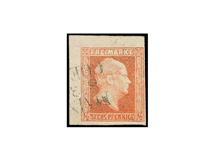 1850/56, ½ Sgr. rotorange, voll- bis überrandige linke obere Bogenecke mit ca. 3 mm Bogenrand oben und links, leicht entwerte