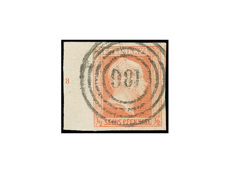½ Sgr. rotorange, breit- bis überrandiges Randstück mit Reihenzähler "8" mit zentrisch aufgesetzter Nummer "981" MÜNCHEBERG, 