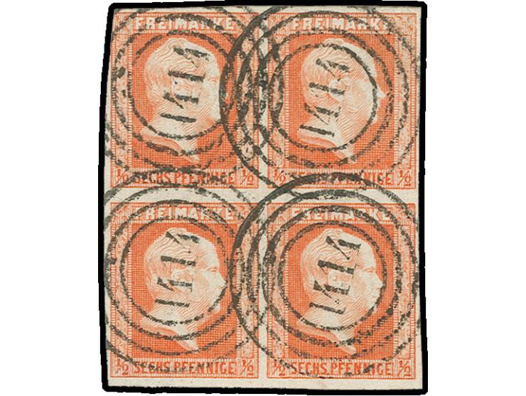 1850/56, Ausgabe in Stichtiefdruck ½ Sgr. rotorange mit kopfstehendem Wz. im 4er-Block, die linke obere Marke links oben kurz
