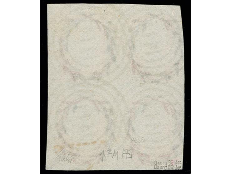 1850/56, Ausgabe in Stichtiefdruck ½ Sgr. rotorange mit kopfstehendem Wz. im 4er-Block, die linke obere Marke links oben kurz