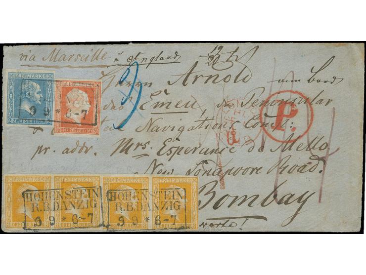 1850, 6 Pfg. rotorange in Mischfrankatur mit 1857, glatter Grund 3 Sgr. gelblichorange im waagerechten 4er-Streifen und 1858,
