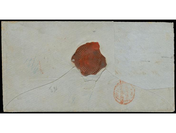 1850, 6 Pfg. rotorange in Mischfrankatur mit 1857, glatter Grund 3 Sgr. gelblichorange im waagerechten 4er-Streifen und 1858,