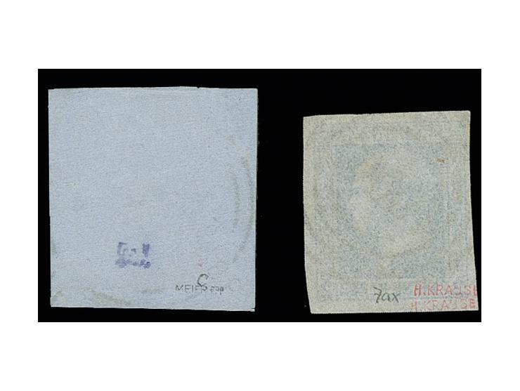 2 Sgr. blau auf dünnem Papier und dunkelblau, beide breitrandig geschnitten, die dunkelblaue mit Teil einer Nebenmarke, jewei