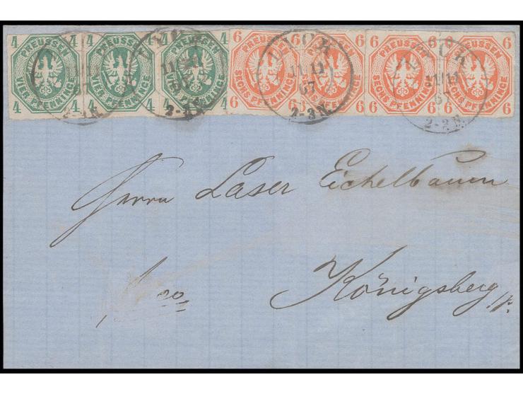 4 Pfg. grün, Paar und Einzelmarke zusammen mit Paar und 2 Einzelmarken 6 Pfg. orange, mit 4mal sauber aufgesetztem DKr. "LYCK