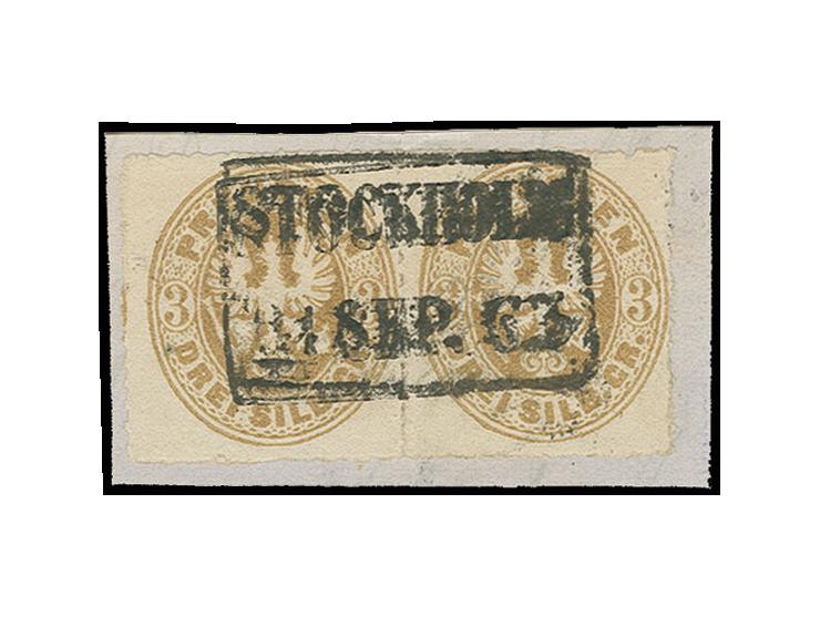 3 Sgr. ocker im waagerechten Paar mit alleiniger Entwertung durch schwedischen Anlandestempel "STOCKHOLM 31 SEP. 63" auf Brie