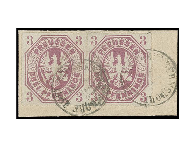 1865, 3 Pfg. dunkelpurpur, farbfrisch im waagerechtem Paar mit kleinem Taxis EKr. "Münchenbernsdorf" auf Briefstück, Kabinett