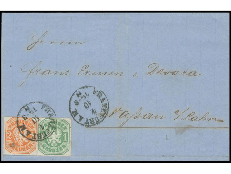 1867, Wappen 1 Kr. grün und 2 Kr. orange, beide farbfrisch und tadellos durchstochen mit EKr. "FRANKFURT A.M. 4 10" auf Brief