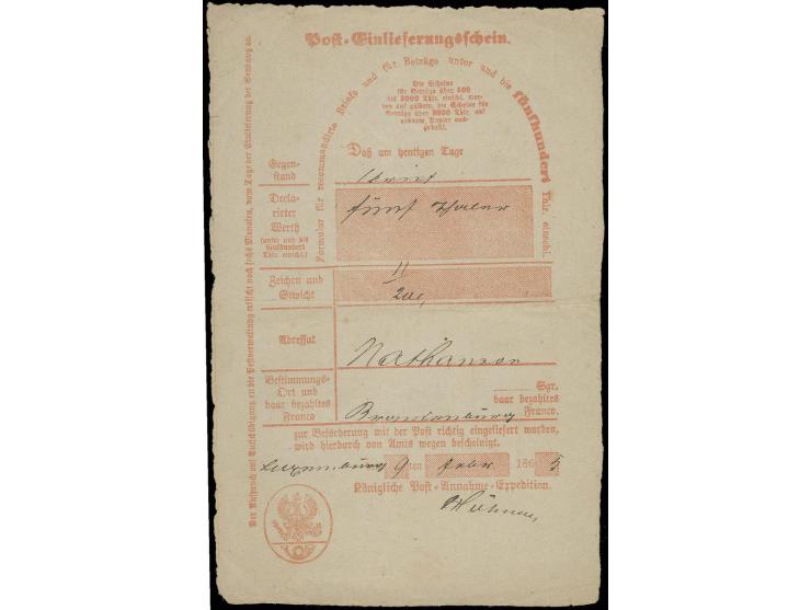 BUNDESFESTUNG LUXEMBURG: 1865, preußischer Post-Einlieferungsschein mit handschriftlichem Aufgabevermerk "Luxemburg" für eine