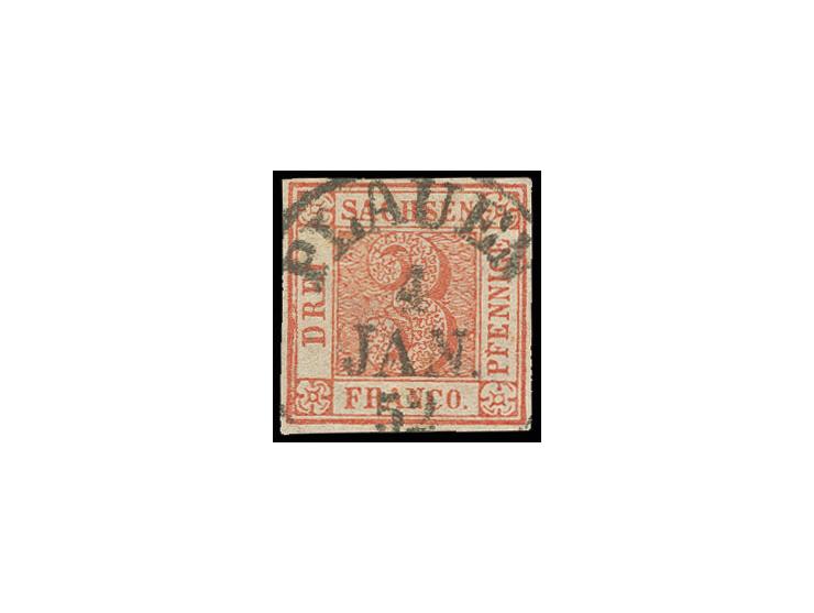 1850, 3 Pfg. rot, sauber gestempelt "PLAUEN 4 JAN 52", Sperati-Fälschung Type B, gute Erhaltung, mit Bleistiftsignatur