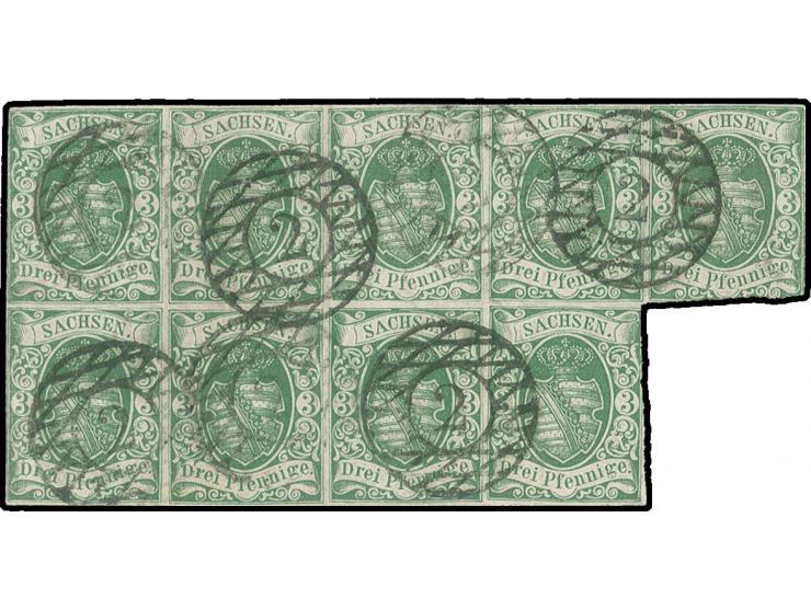 1851, spätere Auflagen: 3 Pfg. dunkelgrün im 9er-Block, sehr schön farbfrisch und an den Außenseiten vollrandig geschnitten, 