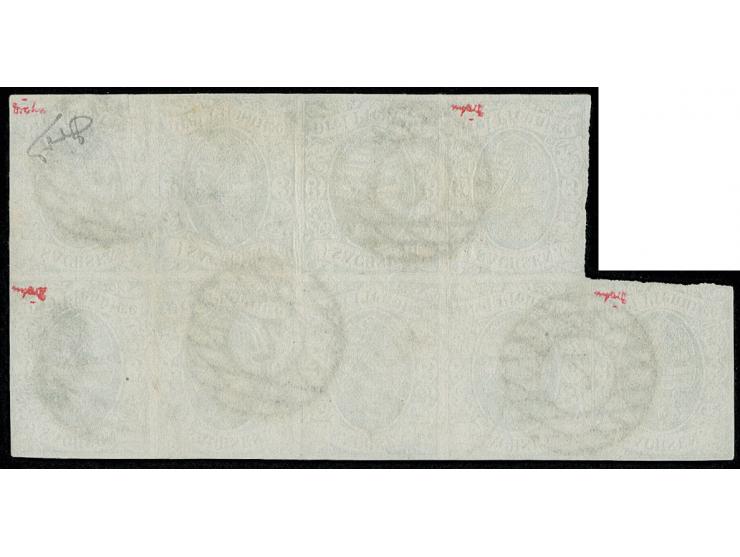 1851, spätere Auflagen: 3 Pfg. dunkelgrün im 9er-Block, sehr schön farbfrisch und an den Außenseiten vollrandig geschnitten, 