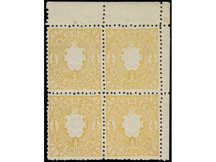 1863/67, Wappenausgabe ½ Ngr. ockergelb im 4er-Block aus der rechten oberen Bogenecke mit vollständigen Bogenrändern, sehr sc