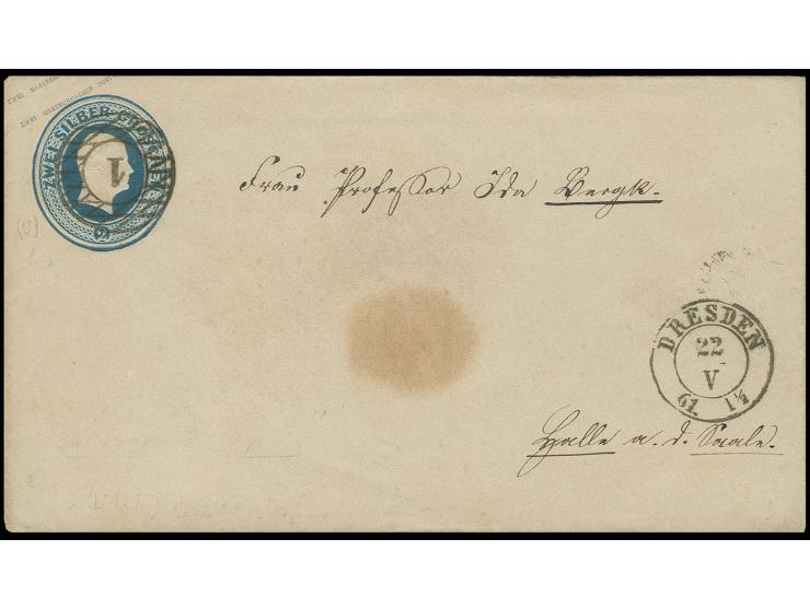Umschlag 2 Sgr. blau, entwertet mit sächsischem Nummernstempel "1" und nebengesetztem Aufgabestempel "DRESDEN 22.V. 61" nach 