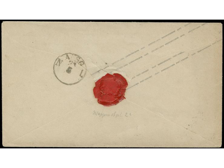 Umschlag 2 Sgr. blau, entwertet mit sächsischem Nummernstempel "1" und nebengesetztem Aufgabestempel "DRESDEN 22.V. 61" nach 