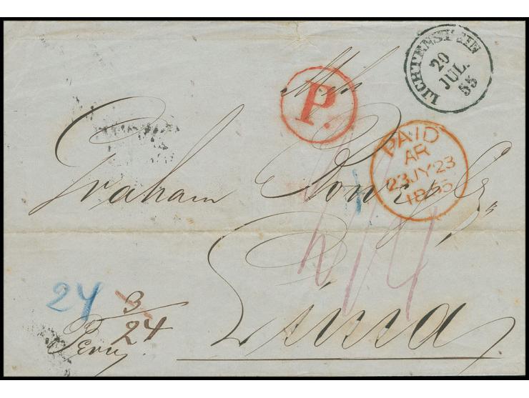 1855, "LICHTENSTEIN 20 JUL 22" klar auf mit 27 Ngr. bar bezahlter Faltbriefhülle via London, dann mit der West India Mail nac