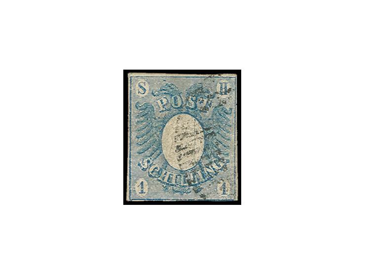 1850, Wappenausgabe 1 Sch. blau in schöner frischer Farbe, voll- bis breitrandig, leicht entwertet durch Roststempel, Pracht,