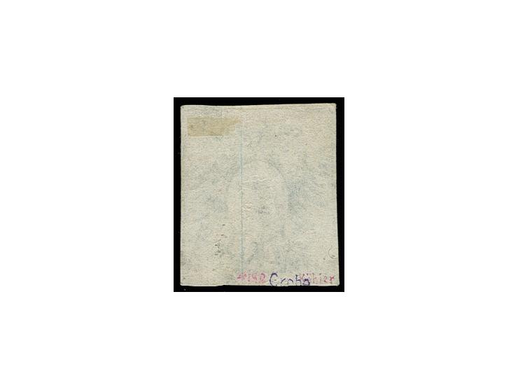 1850, Wappenausgabe 1 Sch. blau in schöner frischer Farbe, voll- bis breitrandig, leicht entwertet durch Roststempel, Pracht,