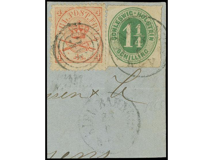 1¼ Sch. grün mit Stempel "KIEL BAHNHOF 23/6" in Mischfrankatur mit Dänemark Ovalausgabe 4 Sk. zinnoberrot mit Nr. "36" KOLDIN