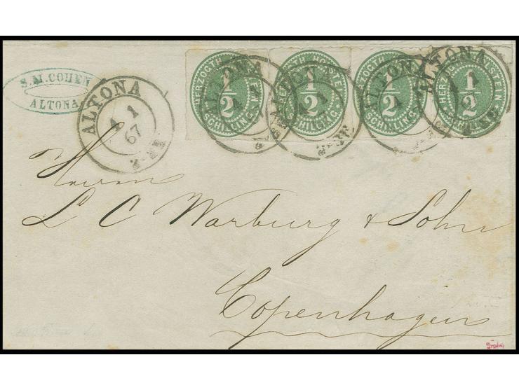 1865, HERZOGTH. HOLSTEIN: ½ Sch. grün, waagerechtes Paar und 2 Einzelmarken, als Streifen geklebt mit DKr. "ALTONA 4 1 67" au